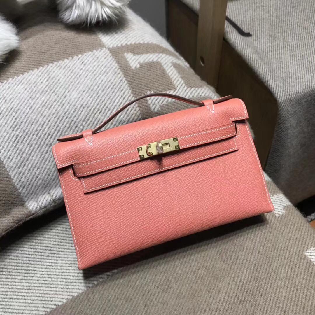 愛馬仕Hermes mini kelly epsom L5 龍蝦粉 Crevette 暖粉色金扣