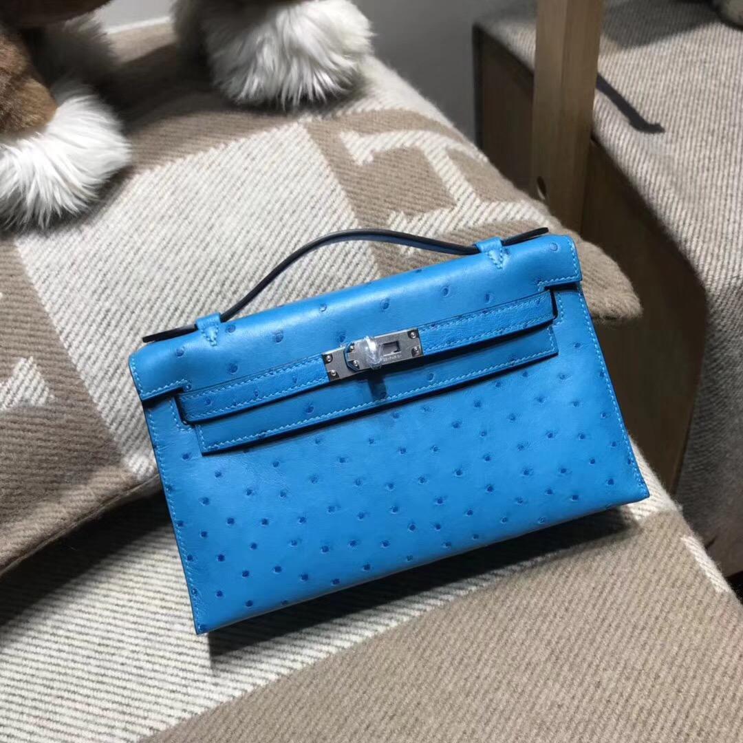 爱马仕Hermes mini kelly 鸵鸟皮 7B Turquoise松石蓝 银扣