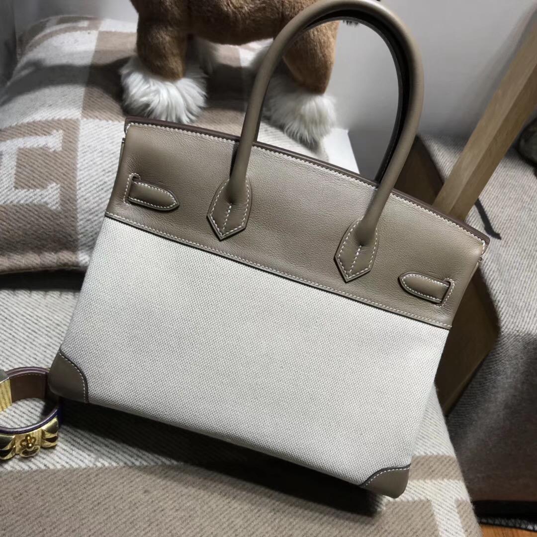 Hermes Birkin 30 Bag Ghillies swift CK18 Etoupe大象灰拼帆布金扣