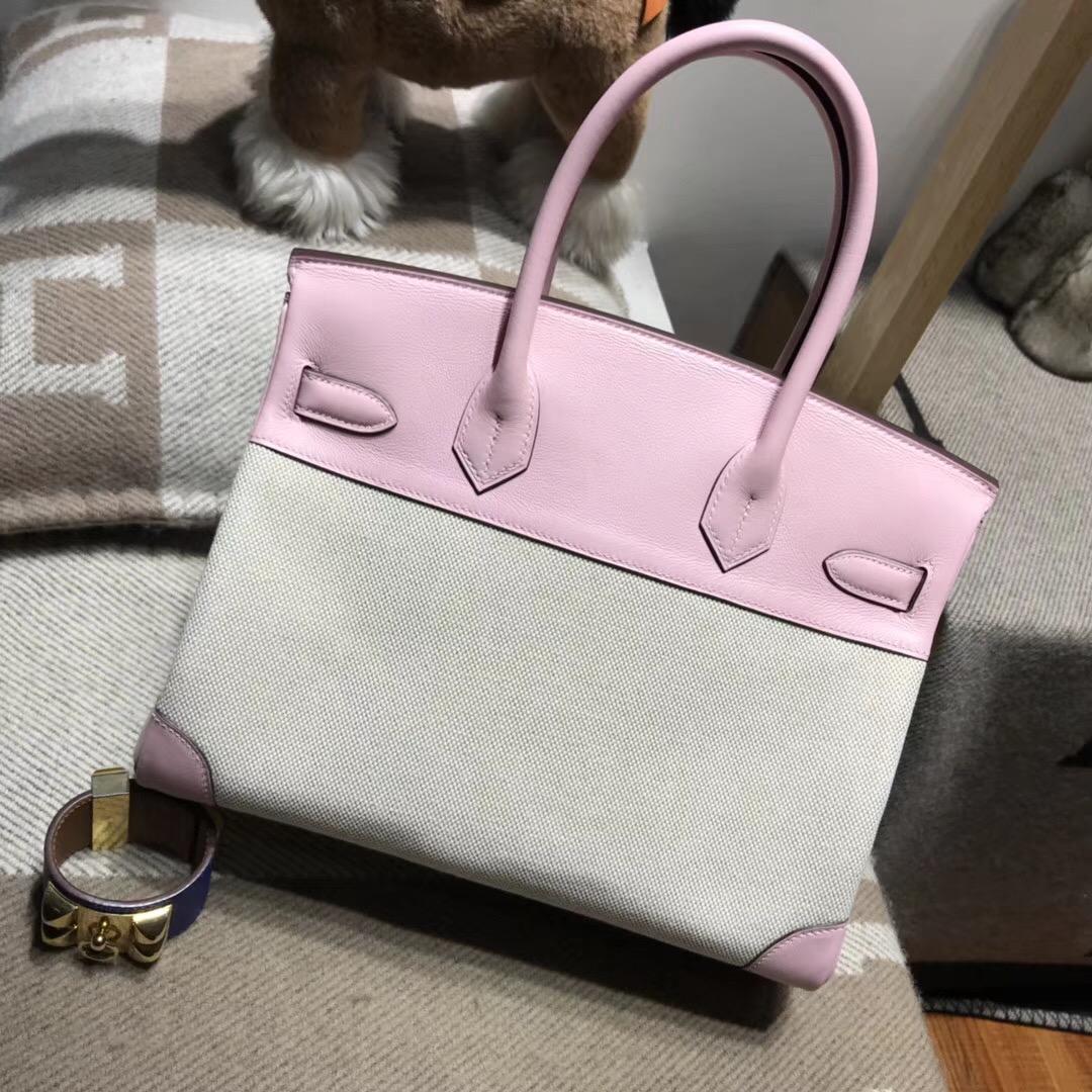 Hermes 鉑金包Birkin 30 Bag帆布配Swift calfskin 1Q Rose Confetti奶昔粉银扣