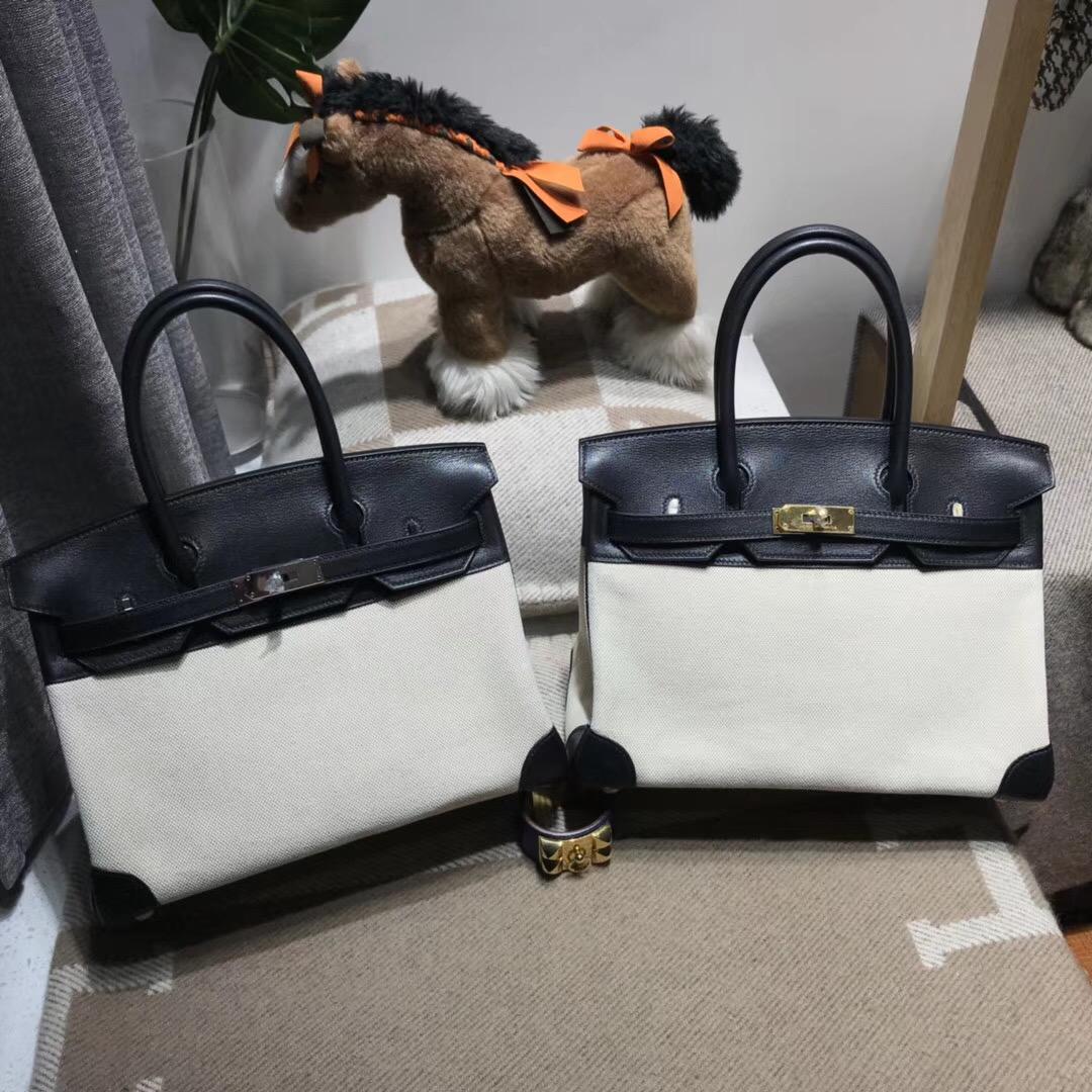 愛馬仕Hermes Birkin 30 Bag 帆布配 Swift calfskin小牛皮CK89 nior 金扣