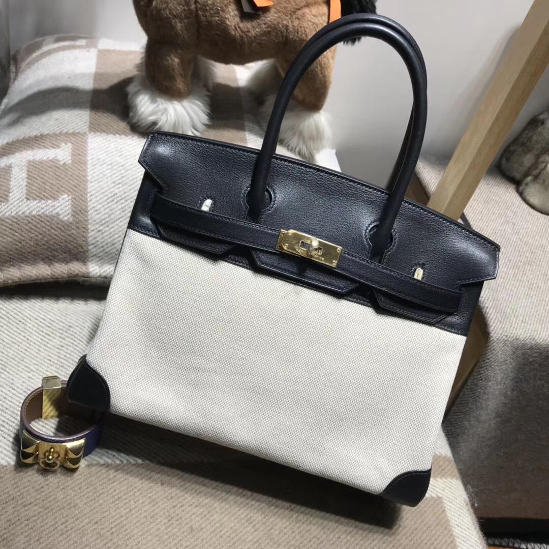 愛馬仕Hermes Birkin 30 Bag 帆布配 Swift calfskin小牛皮CK89 nior 金扣