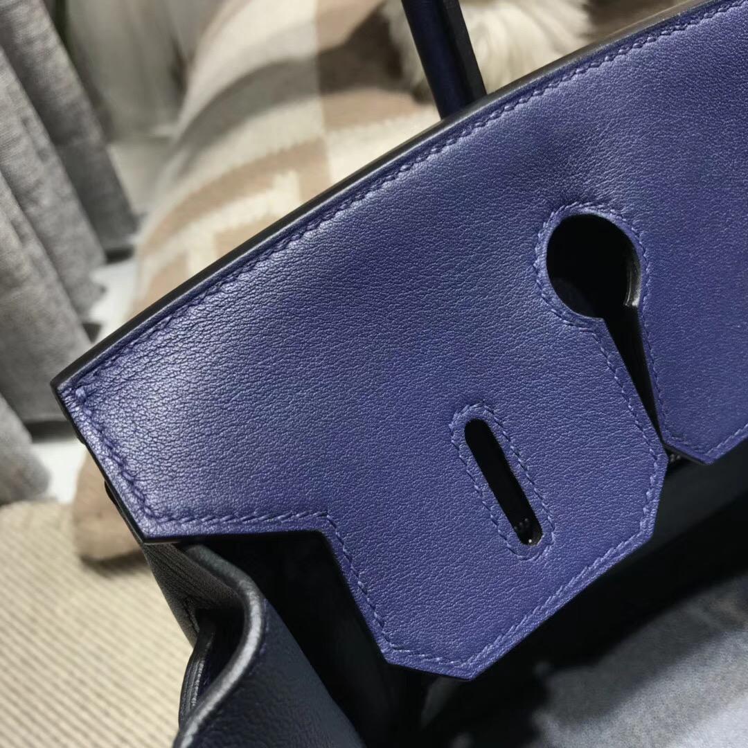 Hermes Birkin 30 Bag Ghillies swift CC73 Blue Saphir寶石藍拼帆布银扣