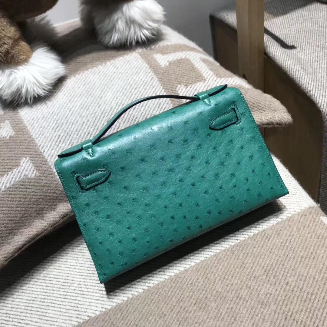 爱马仕Hermes mini kelly 鸵鸟皮 Z6 Malachite孔雀绿金扣