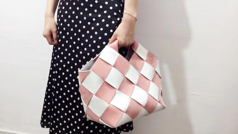 loewe Woven Basket Gingham Bag Soft Pink/White