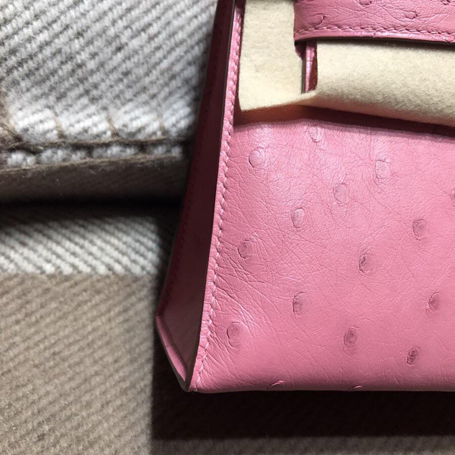 愛馬仕凯莉Hermes Mini kelly 鴕鳥皮 Ostrich leather 1Q 奶昔粉 銀扣金屬