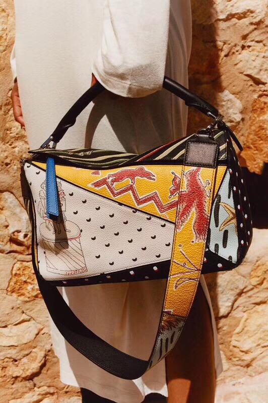 Loewe Puzzle Paula Patchwork Bag Multicolor人字紋圖案棉質帆布襯裏