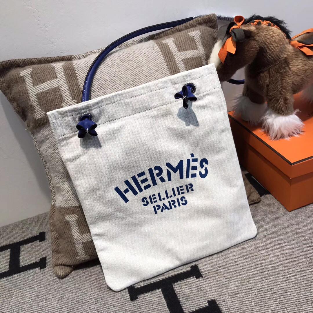 Hermes alina bag帆布購物袋 網紅包街拍神器 米白配蓝、柠檬黄色