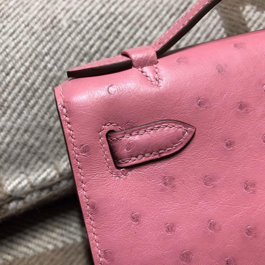 愛馬仕凯莉Hermes Mini kelly 鴕鳥皮 Ostrich leather 1Q 奶昔粉 銀扣金屬