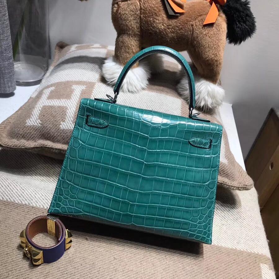 愛馬仕凱莉包Hermes Kelly 25 光面鱷魚野生皮革倒V 2Q 英國綠 Vert Anglais銀扣