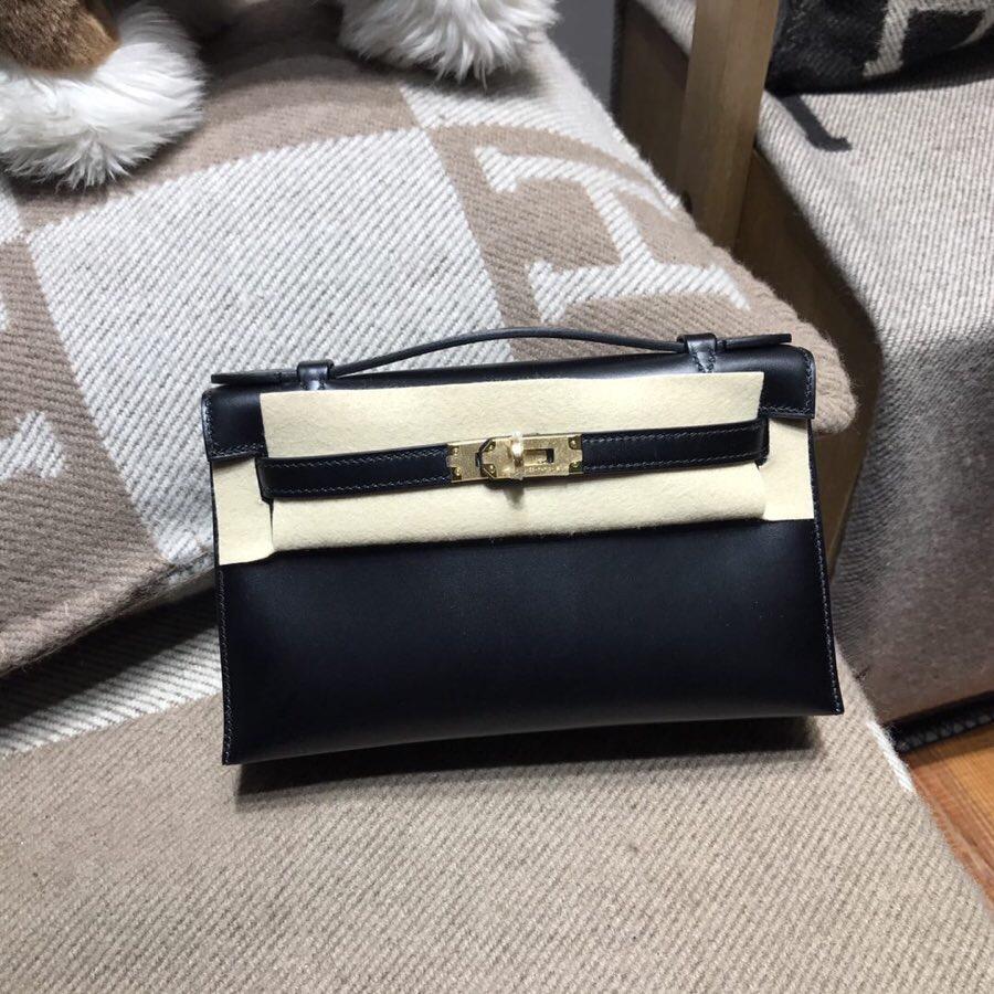 愛馬仕迷妳凱莉手包Hermes mini kelly box nior CC89黑色 金扣