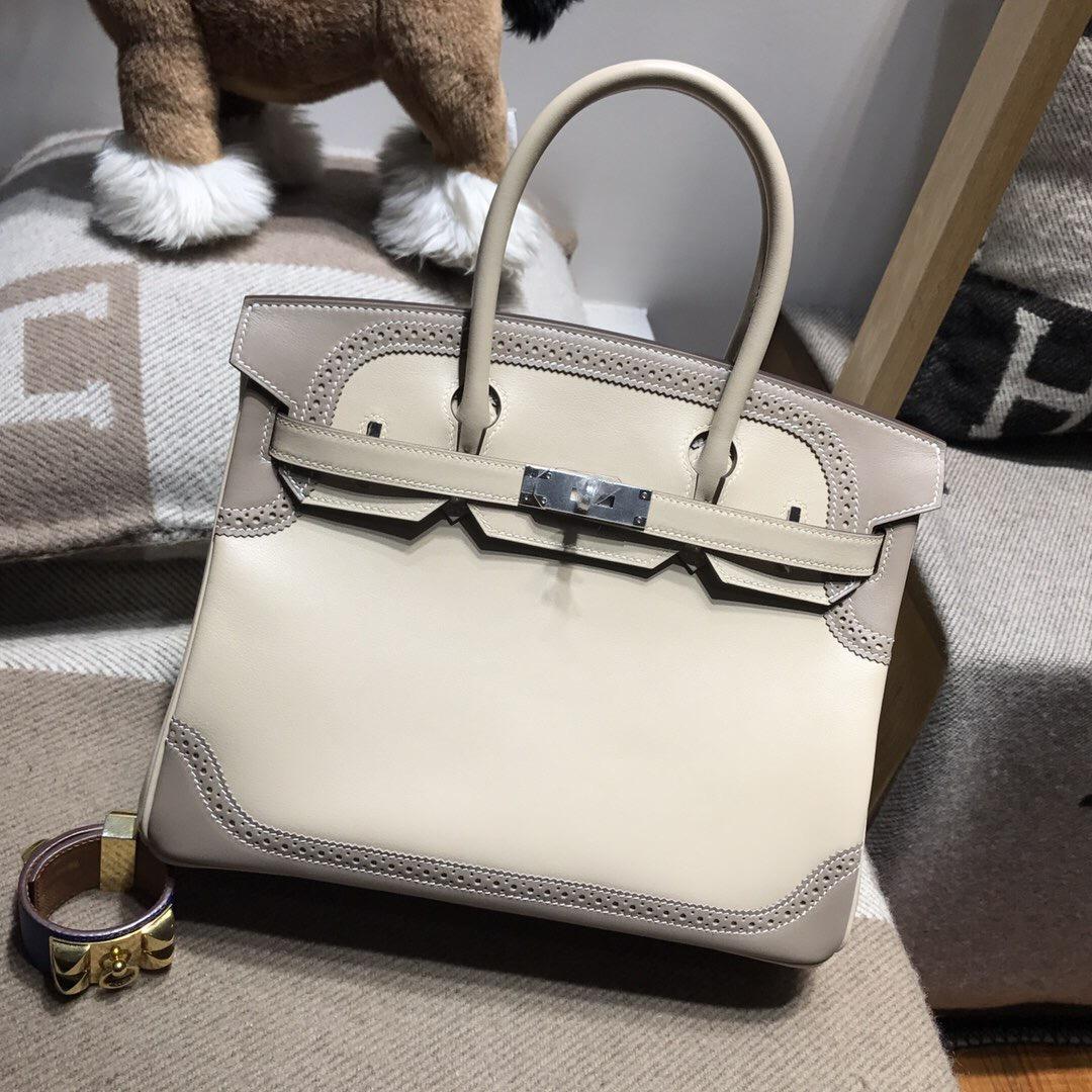 愛馬仕Hermes Brikin 30限量款ghillies 蕾丝系列Swift 1F钻石灰 杏灰色argile拼大象灰
