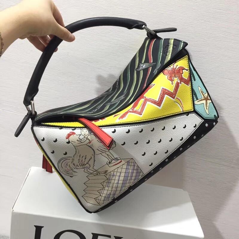 Loewe Puzzle Paula Patchwork Bag Multicolor人字紋圖案棉質帆布襯裏