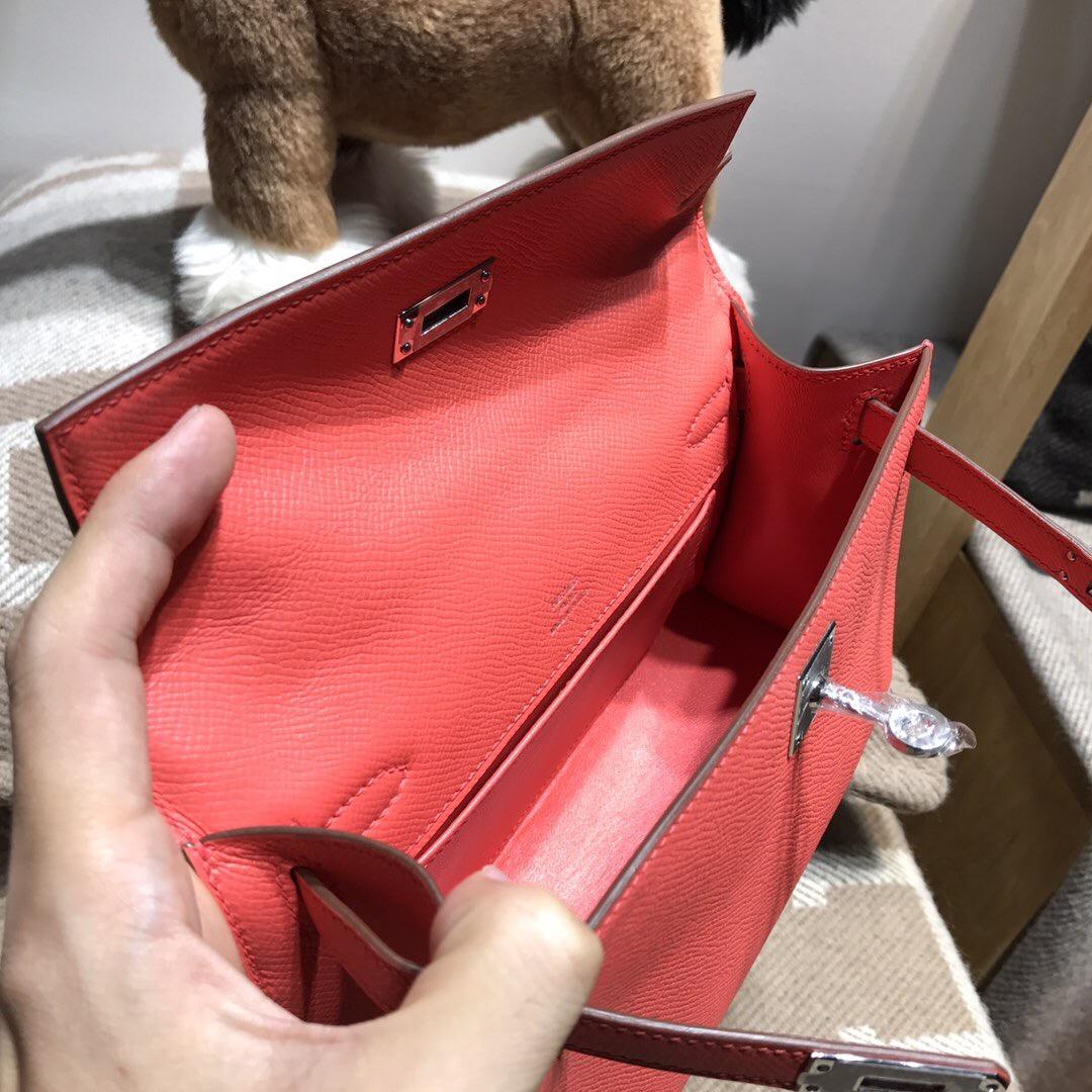 愛馬仕迷妳凱莉包 Hermes Mini kelly Epsom T5蜜桃粉色 銀扣金屬