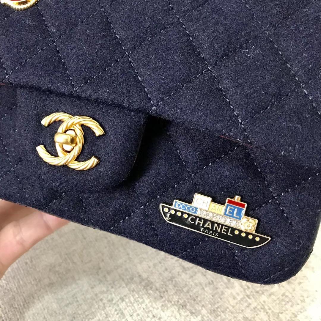 香奈兒Classic Flap Bag 迷妳口蓋包 海軍藍羊毛 小羊皮 金色金屬