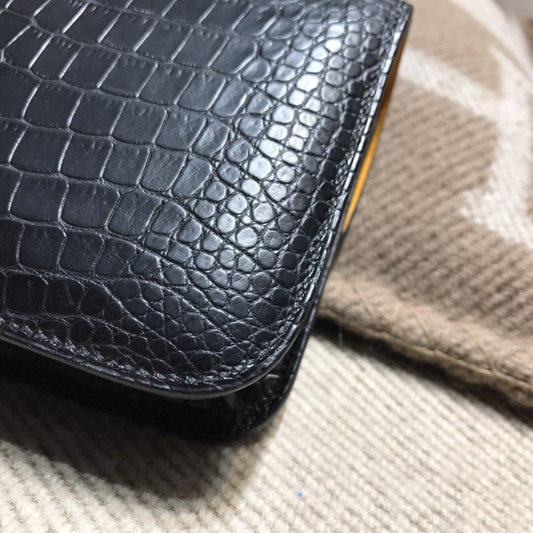 Hermes constance 14 霧面鱷魚皮皮革 黑色 nior ck89 內太陽黃色 銀扣 N刻