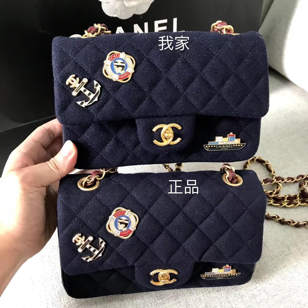 香奈兒Classic Flap Bag 迷妳口蓋包 海軍藍羊毛 小羊皮 金色金屬