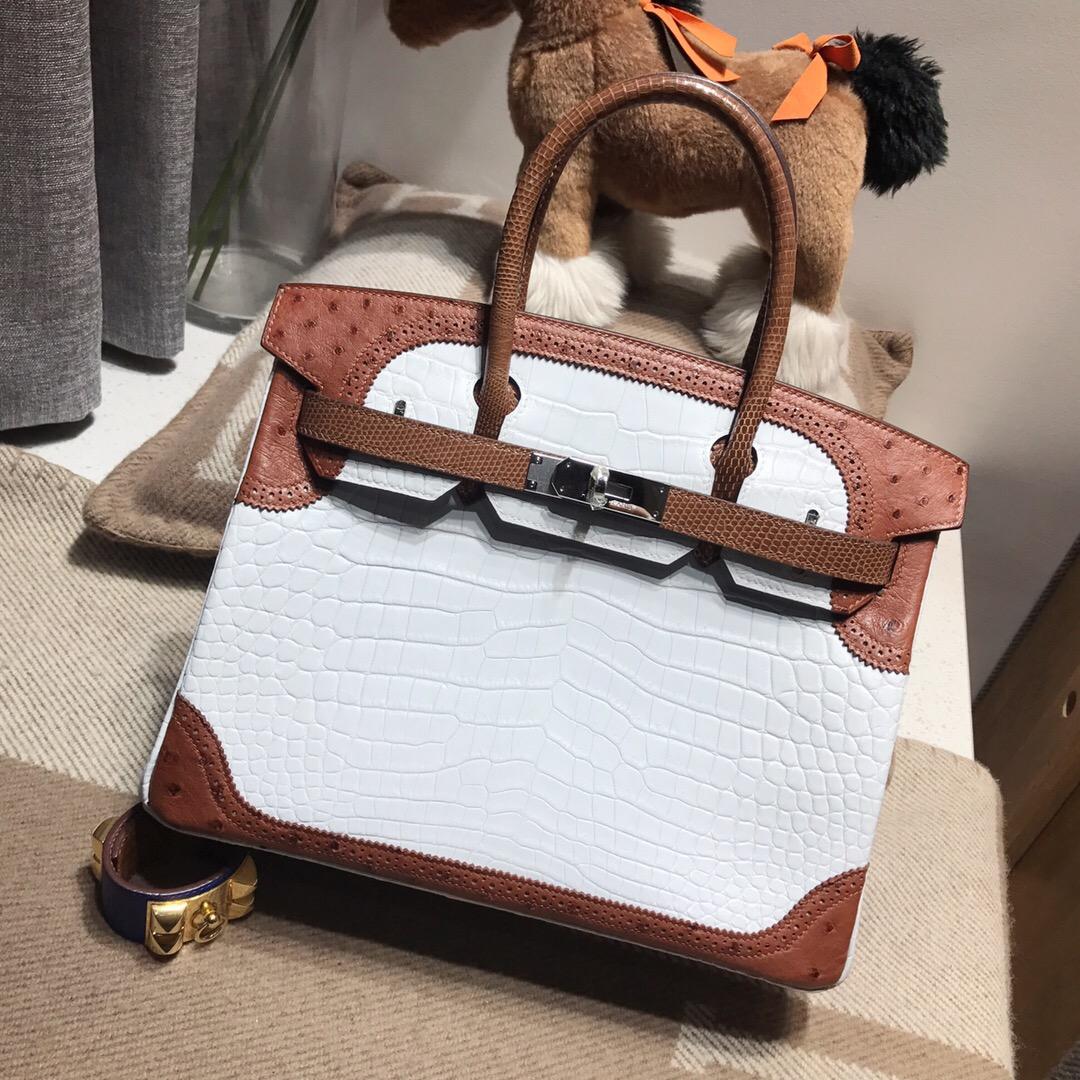 Hermes birkin Ghillies蕾絲系列 30 CK01純白色鱷魚皮 金棕色CK37 鴕鳥皮