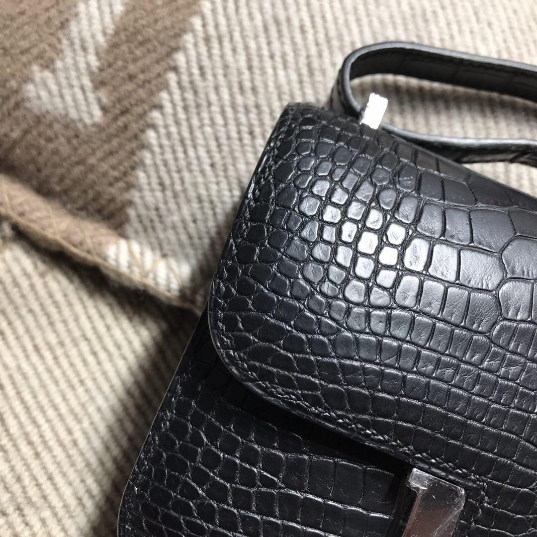 Hermes constance 14 霧面鱷魚皮皮革 黑色 nior ck89 內太陽黃色 銀扣 N刻