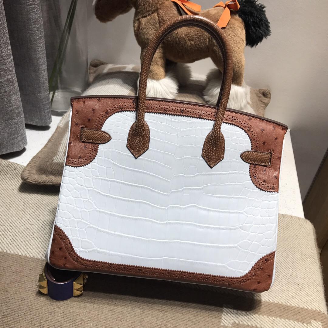 Hermes birkin Ghillies蕾絲系列 30 CK01純白色鱷魚皮 金棕色CK37 鴕鳥皮