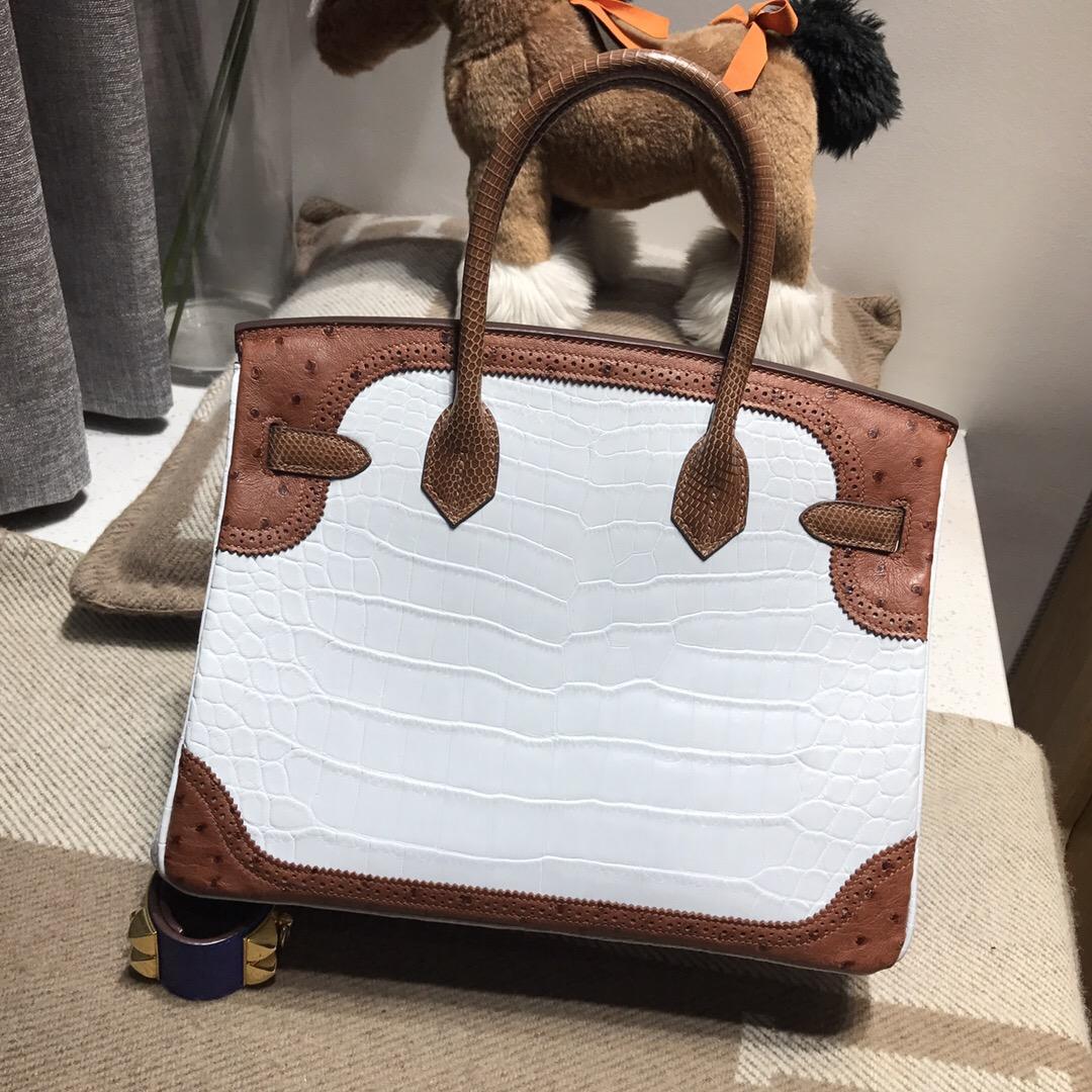 Hermes birkin Ghillies蕾絲系列 30 CK01純白色鱷魚皮 金棕色CK37 鴕鳥皮