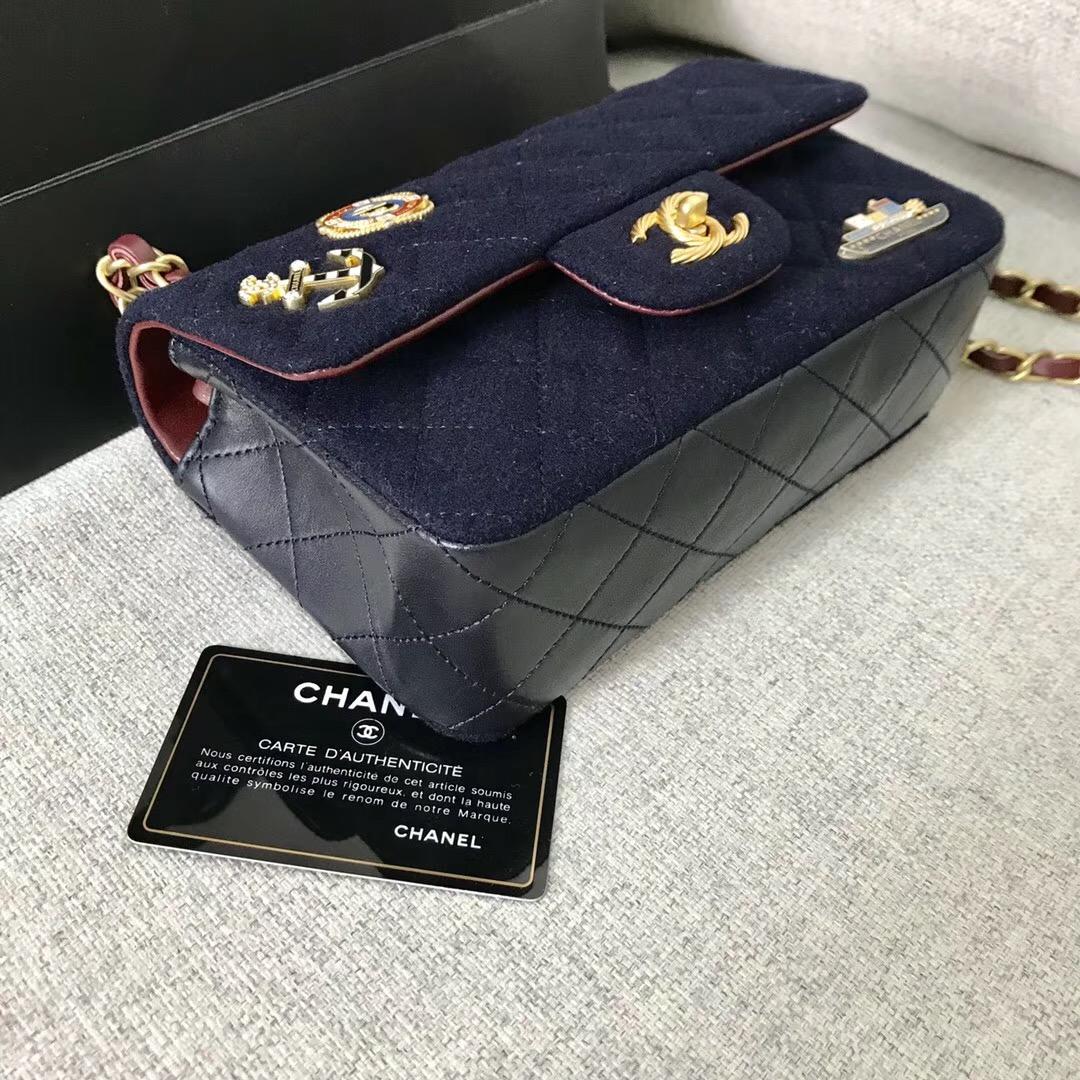 香奈兒Classic Flap Bag 迷妳口蓋包 海軍藍羊毛 小羊皮 金色金屬