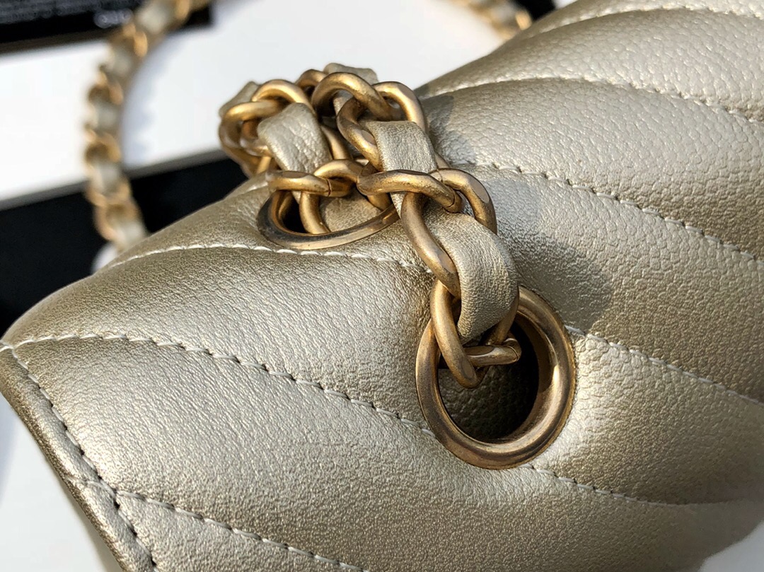 香奈兒Classic Flap Bag handbag 鏈條經典口蓋包 香檳金 GR 魚子醬小球紋 沙金金屬