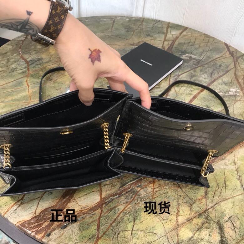 聖羅蘭包包 YSL Sunset 中號壓花鱷魚紋小牛皮黑色真皮包 青銅色金屬五金