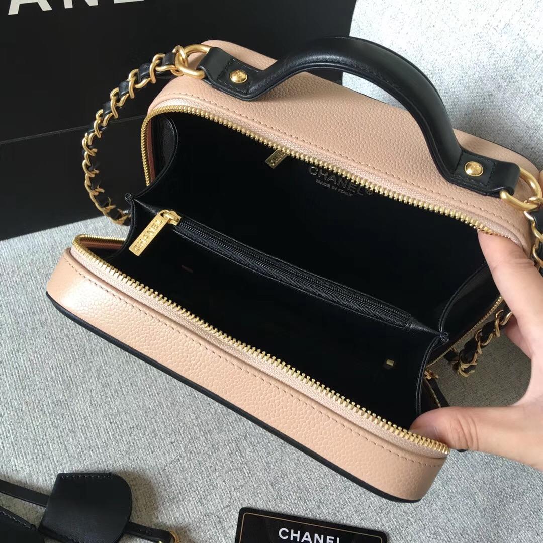 香奈兒 Vanity Case bag 中號 杏色配黑色顆粒壓花球紋小牛皮 化妝包