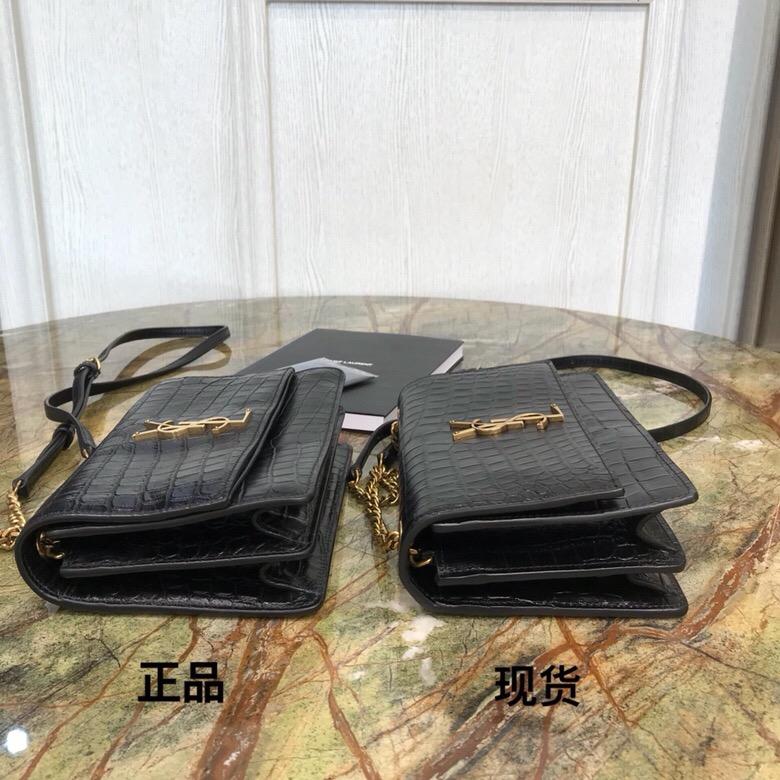 聖羅蘭包包 YSL Sunset 中號壓花鱷魚紋小牛皮黑色真皮包 青銅色金屬五金