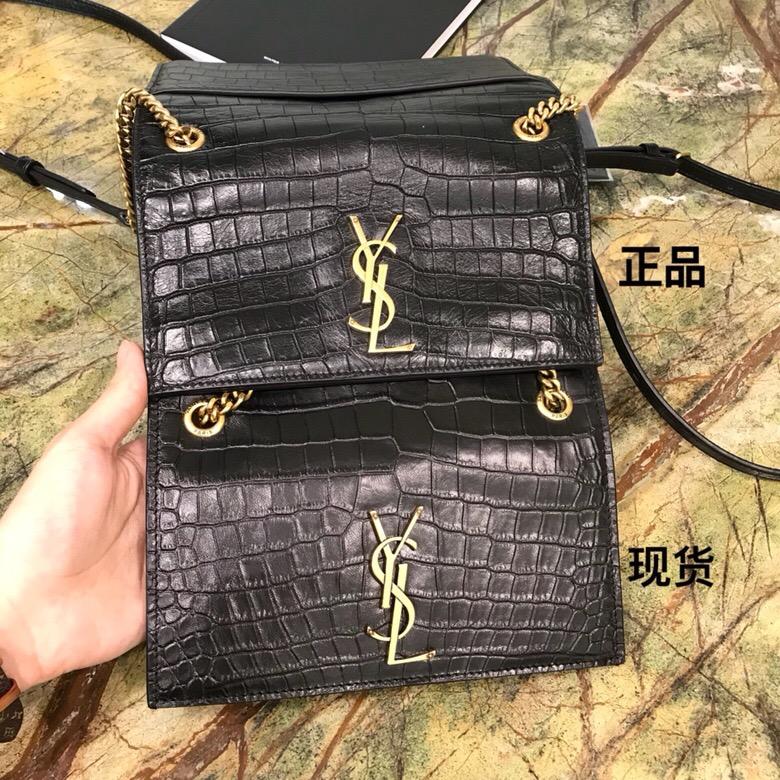 聖羅蘭包包 YSL Sunset 中號壓花鱷魚紋小牛皮黑色真皮包 青銅色金屬五金