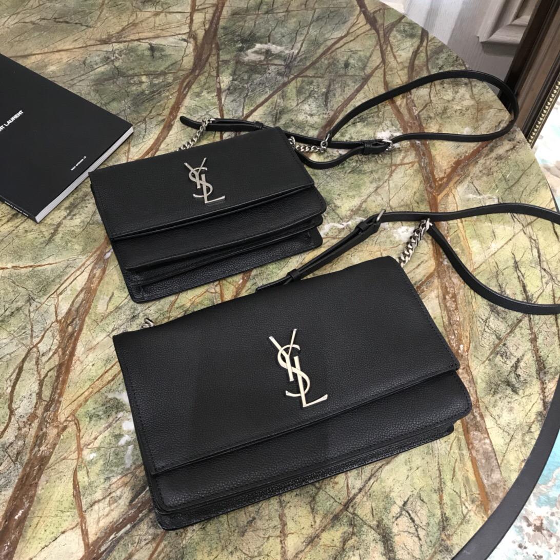 聖羅蘭包包 YSL Sunset 中號 小牛皮灰色顆粒紋理真皮包 氧化鎳五金