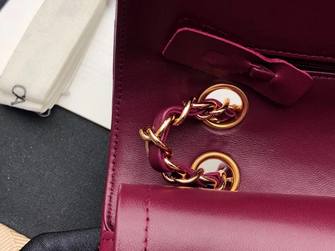 Chanel Classic Flap Bag 酒红色 小羊皮鏈條經典口蓋包 金色金屬