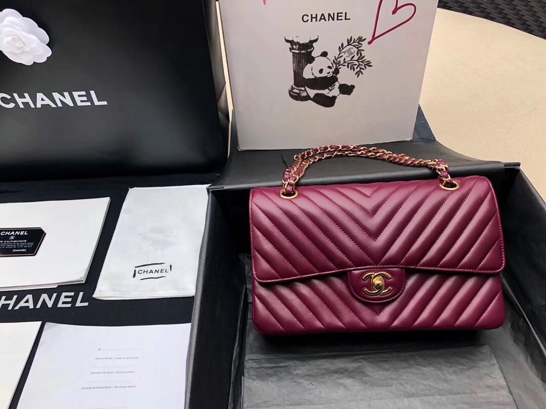 Chanel Classic Flap Bag 酒红色 小羊皮鏈條經典口蓋包 金色金屬