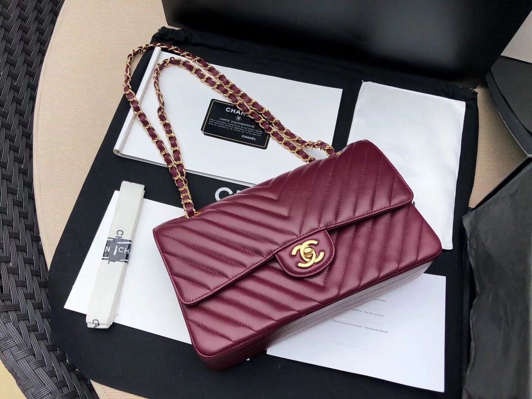 Chanel Classic Flap Bag 酒红色 小羊皮鏈條經典口蓋包 金色金屬