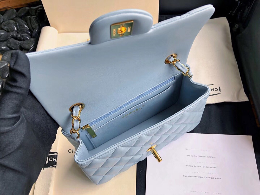 小香Classic Flap Bag 冰川蓝色 小羊皮菱格鏈條經典口蓋包 金色金屬