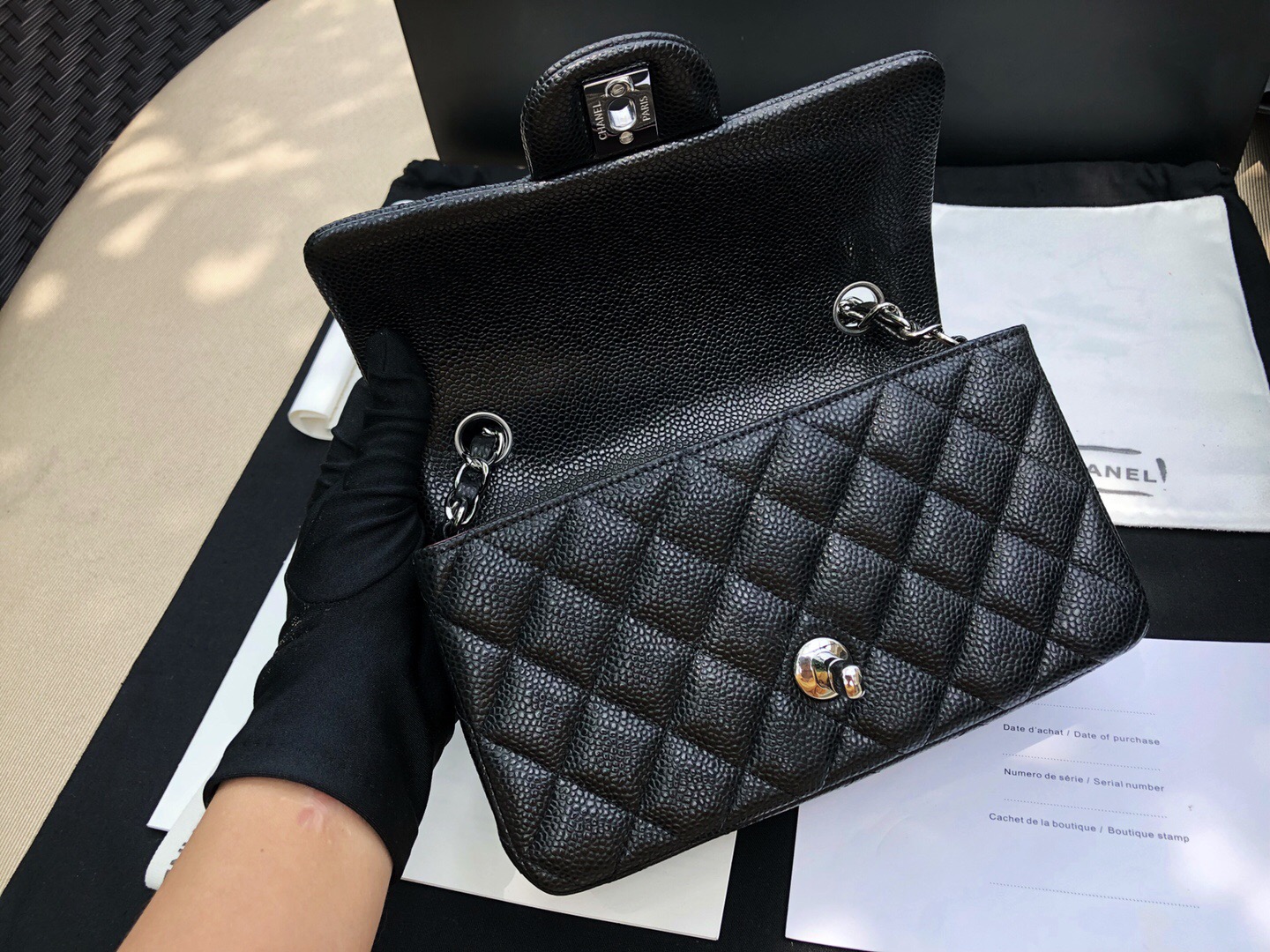 小香 Mini方胖子 Classic Flap Bag 迷妳口蓋包 黑色顆粒小牛皮 银色金屬