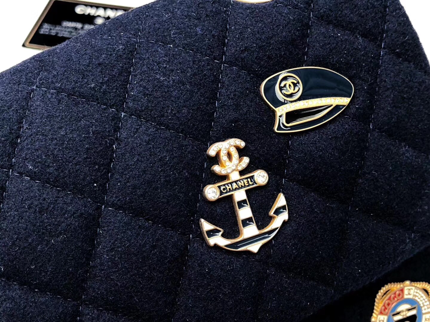 香奈兒口蓋包 Classic Flap Bag 海軍藍色羊毛 小羊皮 金色金屬海軍徽章吊飾