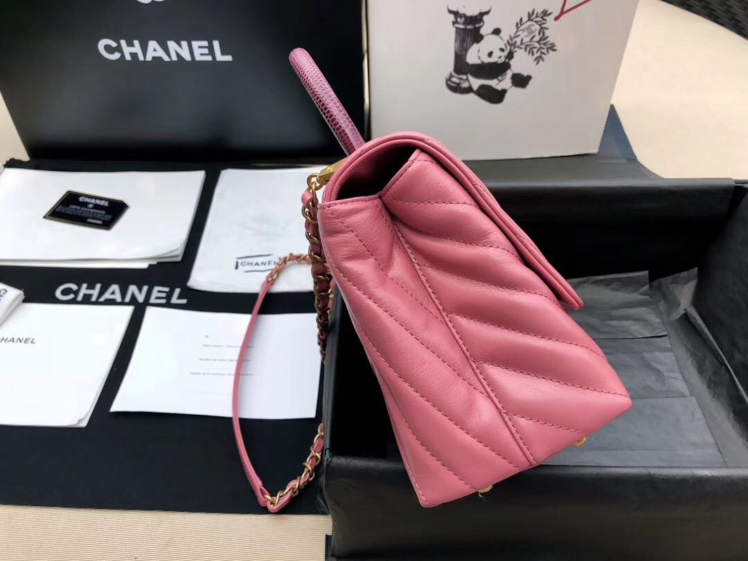 小香口蓋包配蜥蜴皮手柄 中號coco handle bag 油臘小牛皮玫紅色 手堤包