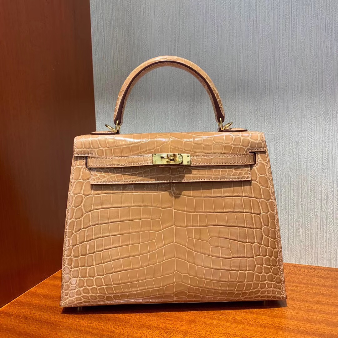 Hong Kong Hermes Kelly 25cm CK14杏色 beige 亮面兩點尼羅鱷魚