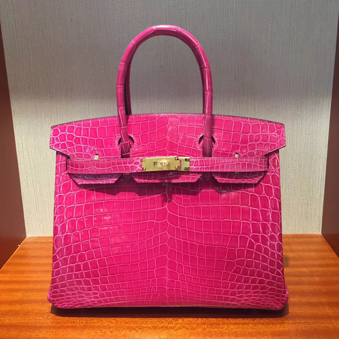 香港海港城專賣店 愛馬仕鉑金包 Hermes Birkin 25 Bag亮面兩點鱷魚皮 5J桃粉色