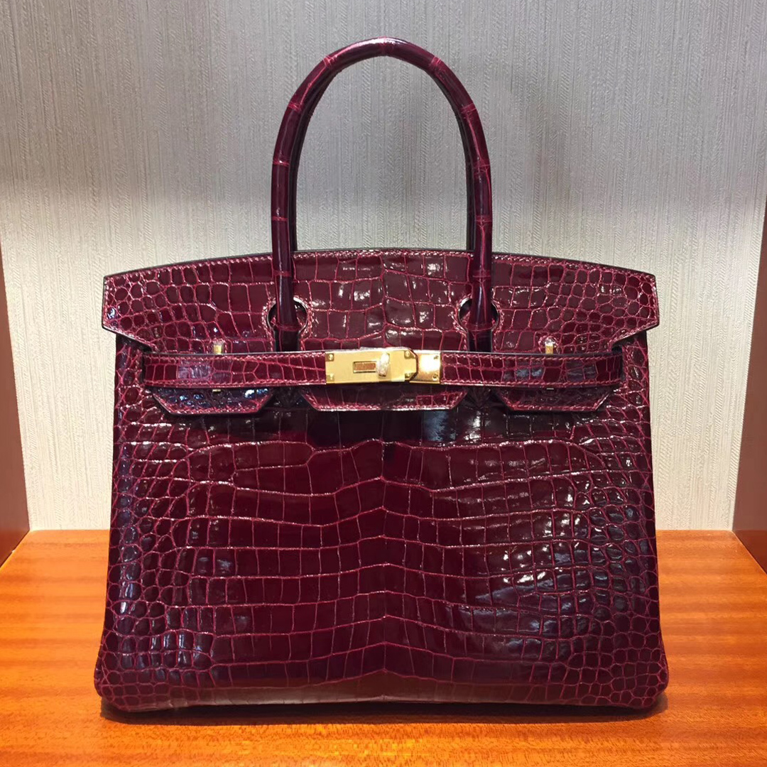 香港太古廣場專賣店 Hermes Birkin 25亮面兩點鱷魚皮 F5勃根第酒紅