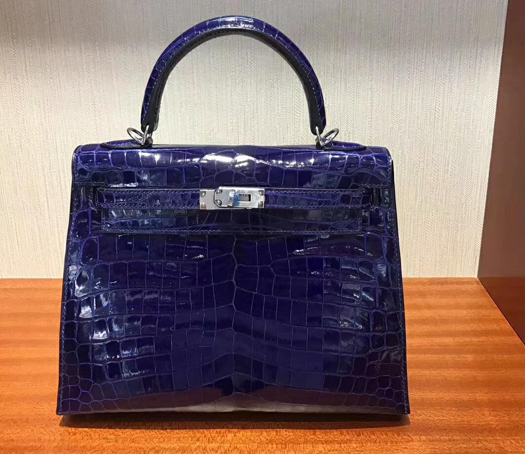 愛馬仕凱莉包價格 Hermes Kelly bag 25 倒V亮面澳洲灣鱷魚皮 7T電光藍 銀扣金屬