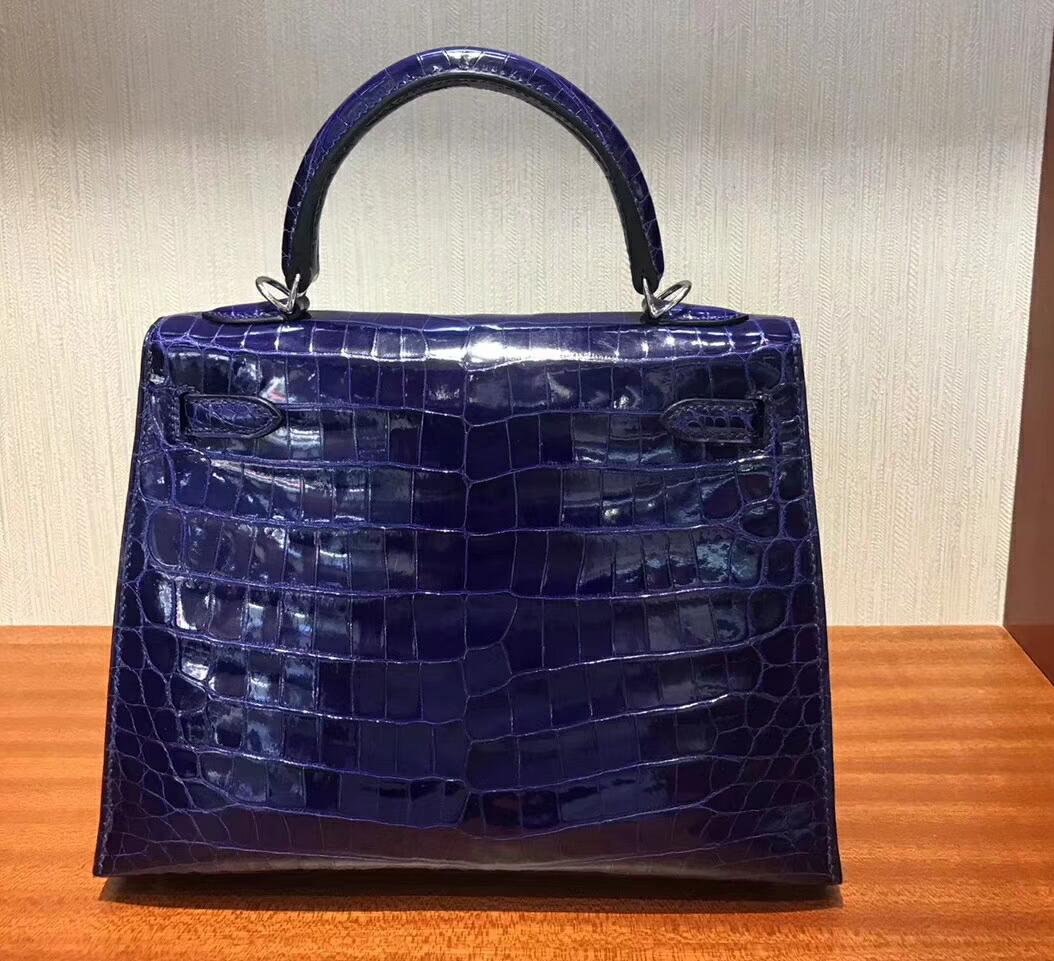 愛馬仕凱莉包價格 Hermes Kelly bag 25 倒V亮面澳洲灣鱷魚皮 7T電光藍 銀扣金屬