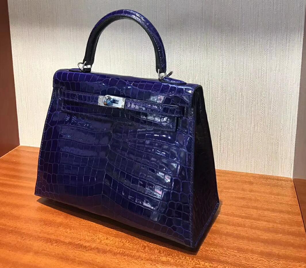 愛馬仕凱莉包價格 Hermes Kelly bag 25 倒V亮面澳洲灣鱷魚皮 7T電光藍 銀扣金屬