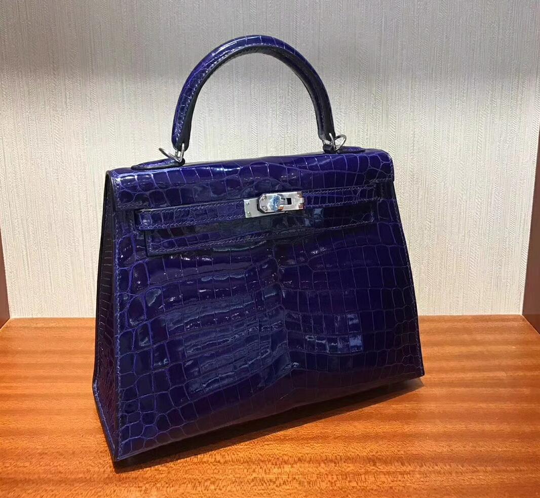 愛馬仕凱莉包價格 Hermes Kelly bag 25 倒V亮面澳洲灣鱷魚皮 7T電光藍 銀扣金屬