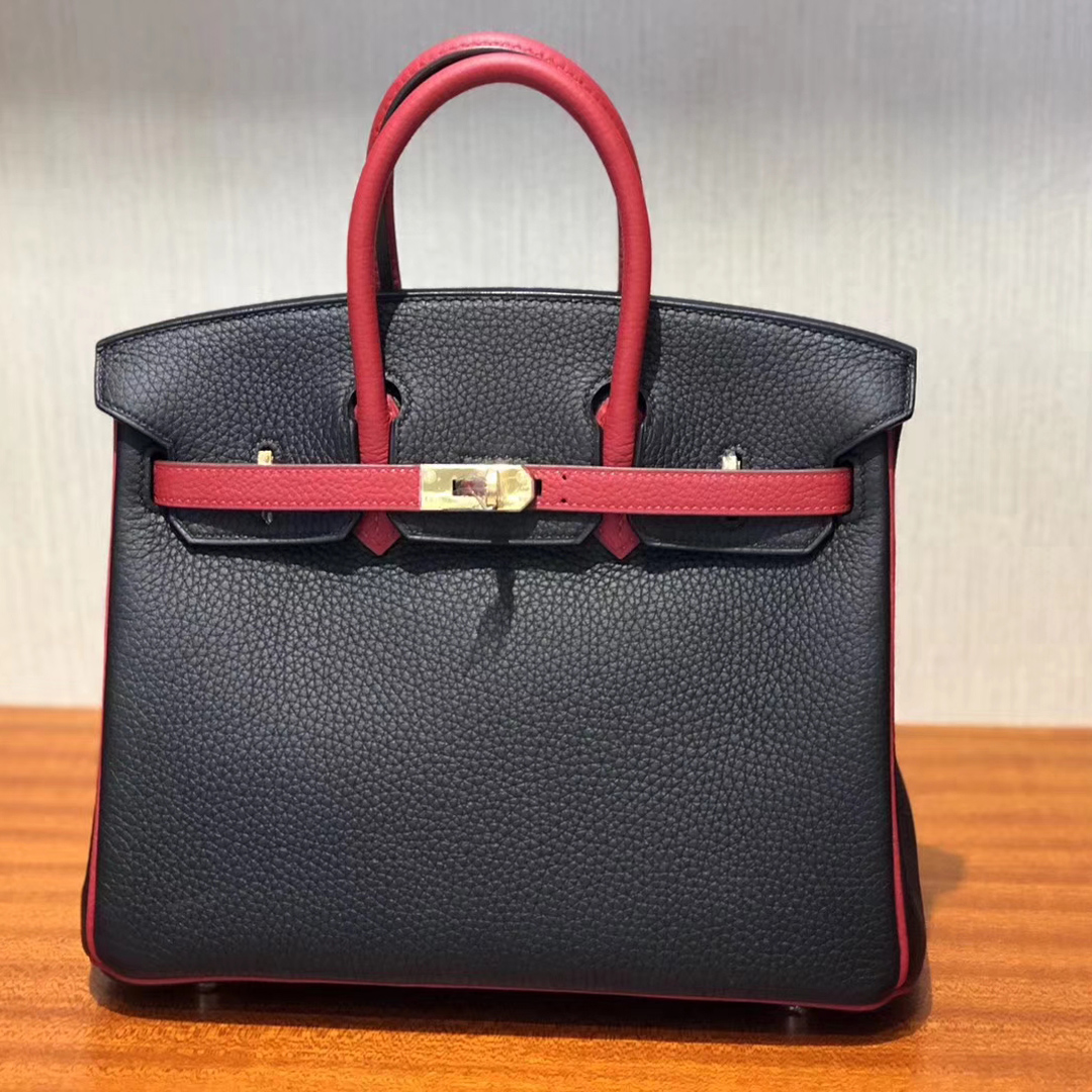 愛馬仕鉑金包Hermes Birkin 25cm Bag Togo小牛皮 CK89黑色/Q5國旗紅