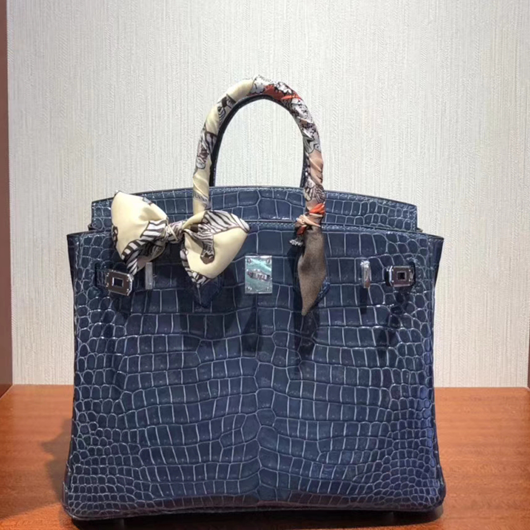 愛馬仕鱷魚皮鉑金包Hermes Birkin 25cm Bag 亮面兩點鱷魚皮 N7風暴藍