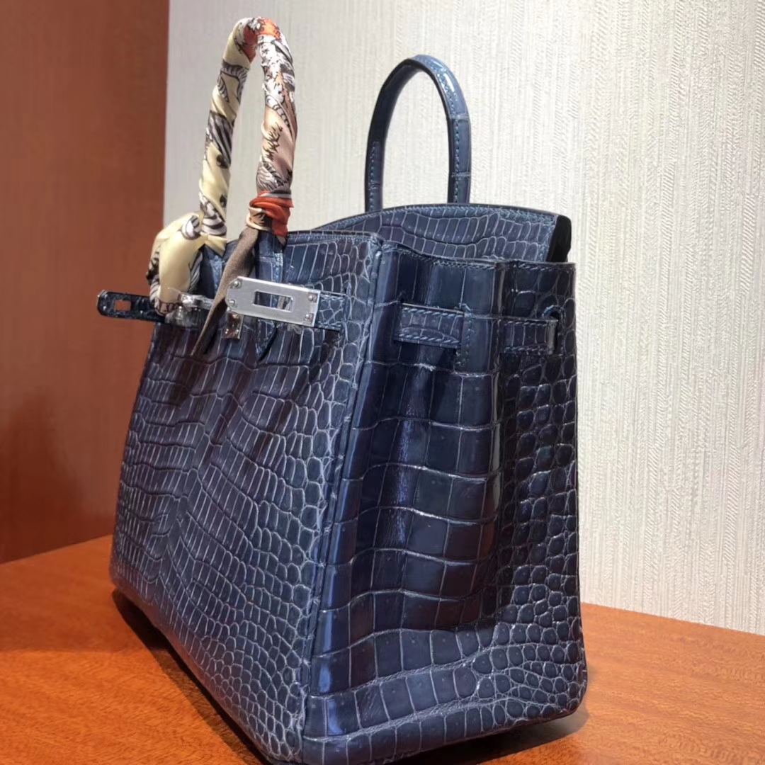 愛馬仕鱷魚皮鉑金包Hermes Birkin 25cm Bag 亮面兩點鱷魚皮 N7風暴藍