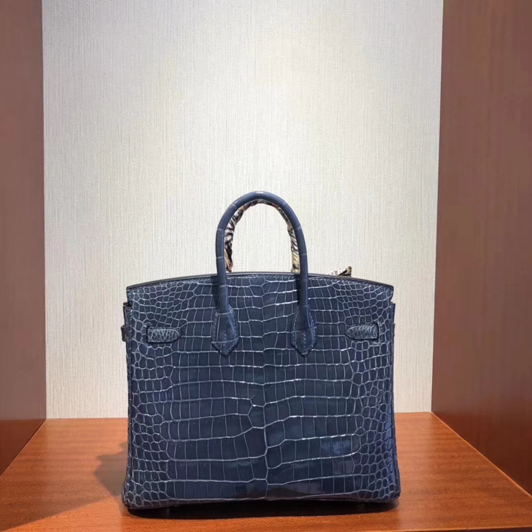 愛馬仕鱷魚皮鉑金包Hermes Birkin 25cm Bag 亮面兩點鱷魚皮 N7風暴藍